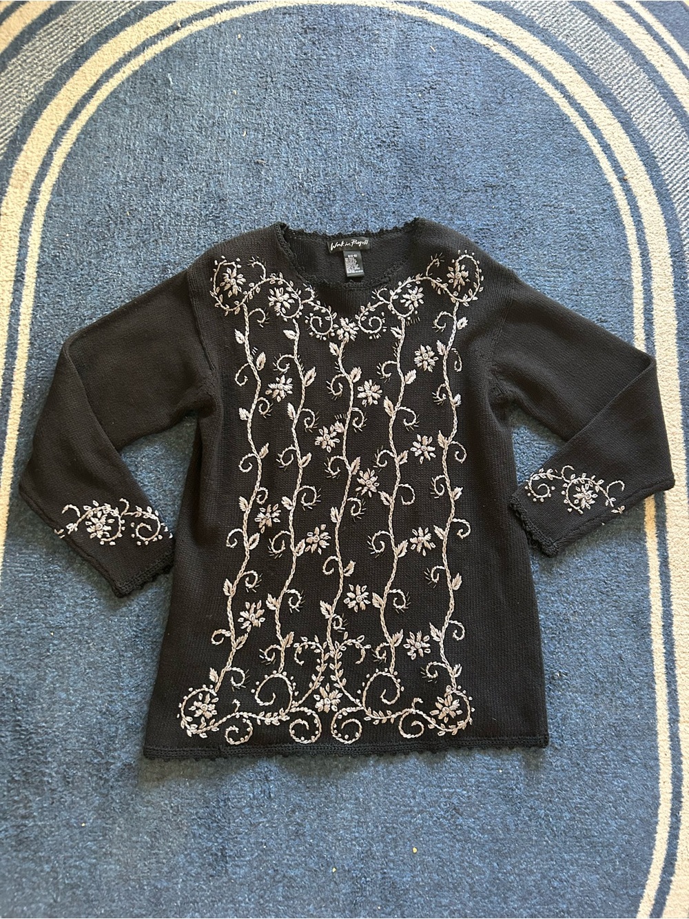 Alfred Dunner Black Sweater with Cream Floral Embroidery